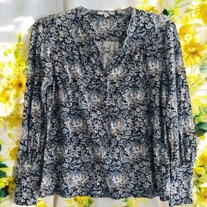 Lucky Brand Blue Paisley Popover Top Long Sleeve Boho Blouse Stretch Raglan